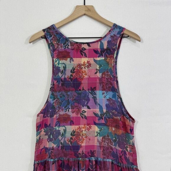 Vintage Floral Checkered Maxi Dress Womens 10 Pink Peasant Cottagecore Hippie - Picture 9 of 16